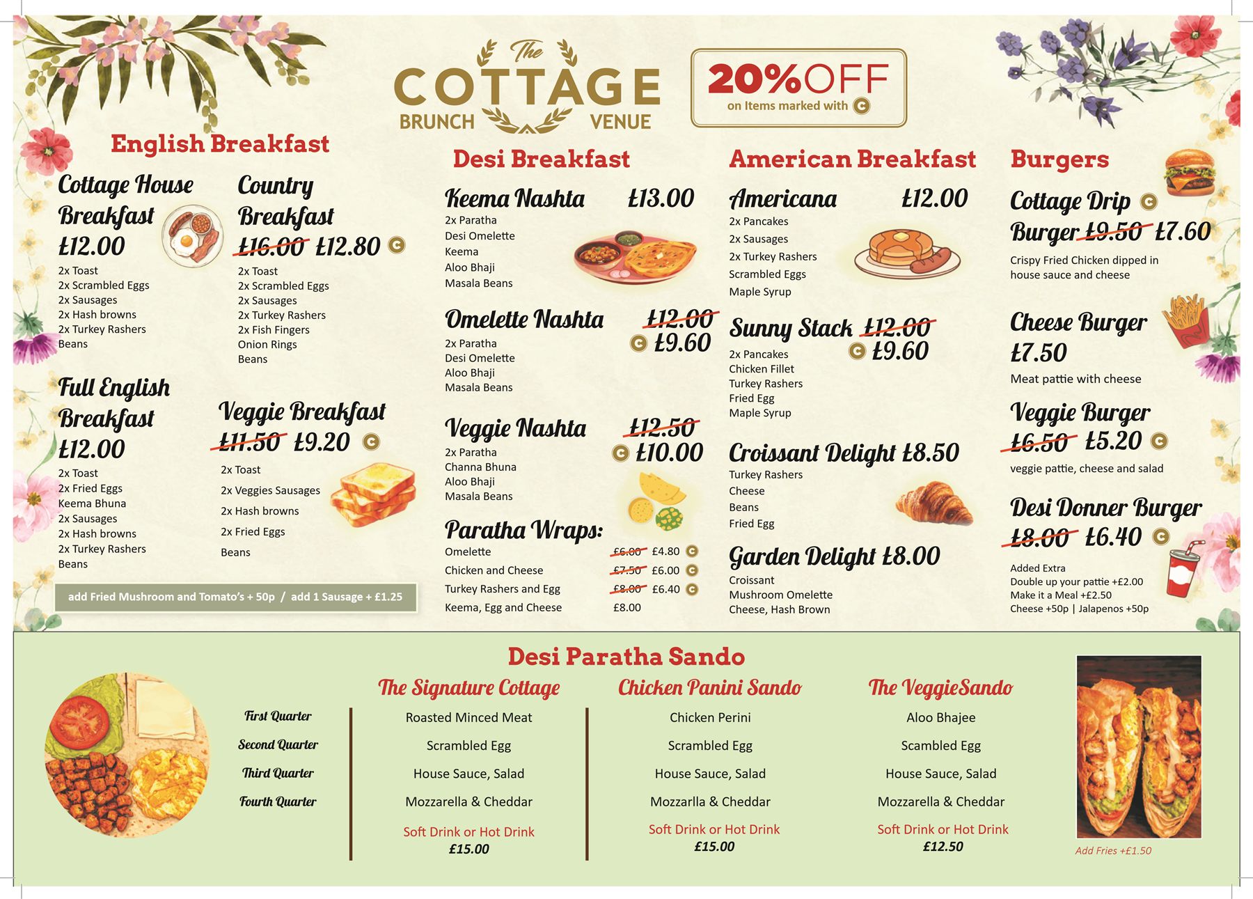 The Cottage full menu, page 1: breakfasts, burgers and sandos