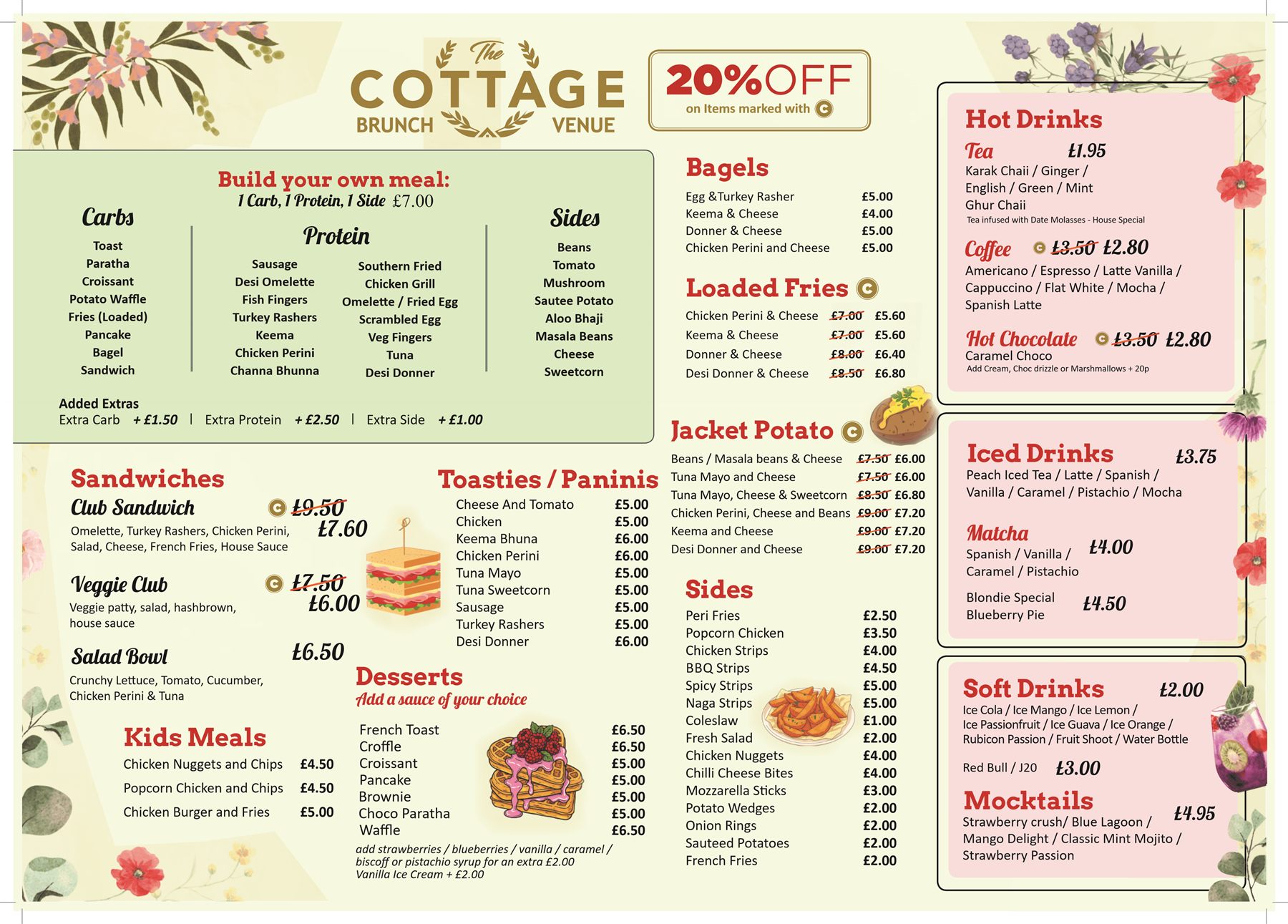 The Cottage full menu, page 2: sides, sandwiches, desserts and drinks